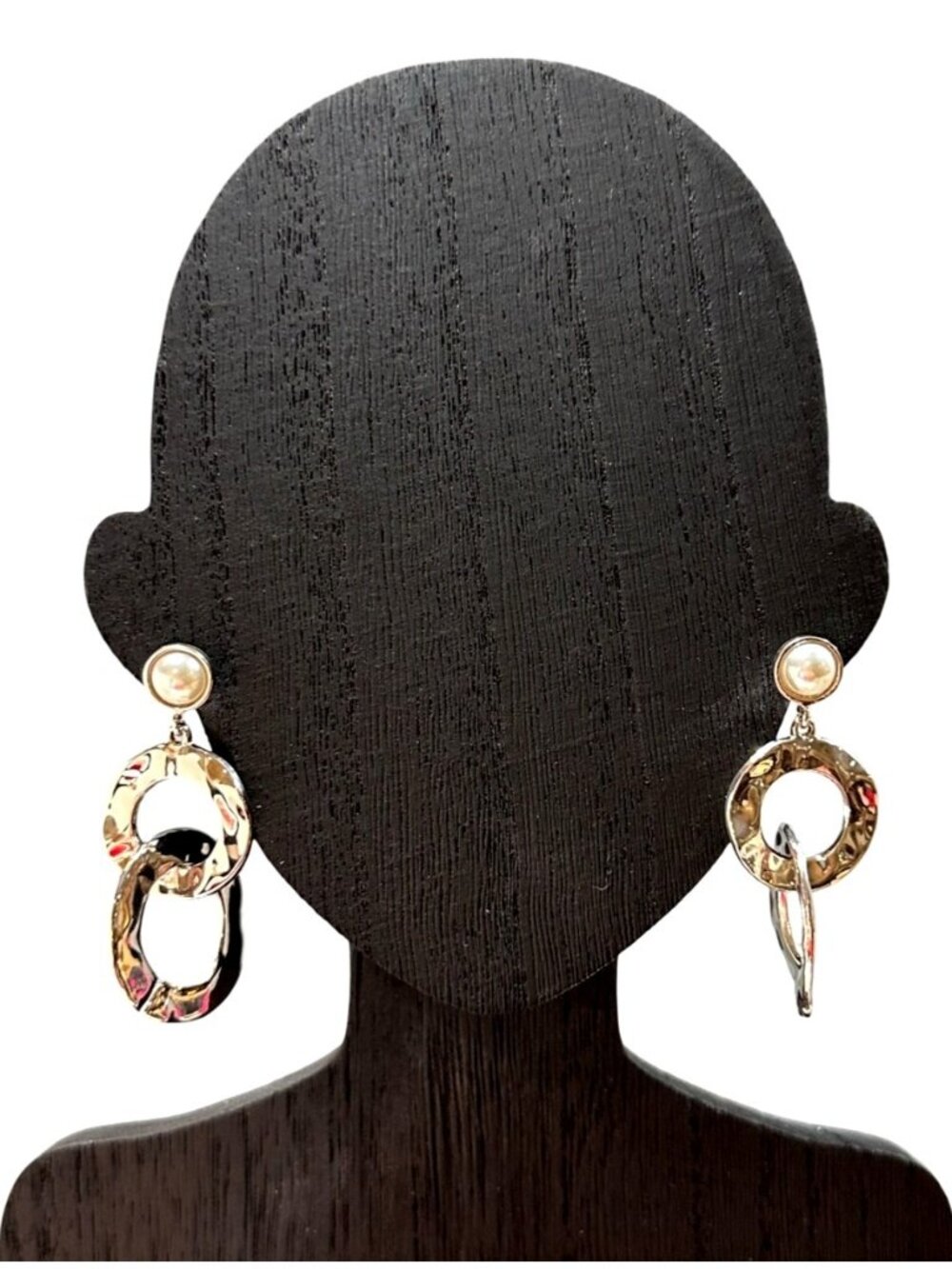 Silver Tone Hammered Double Hoop Drop Earrings With Faux Pearl Studs NWOT